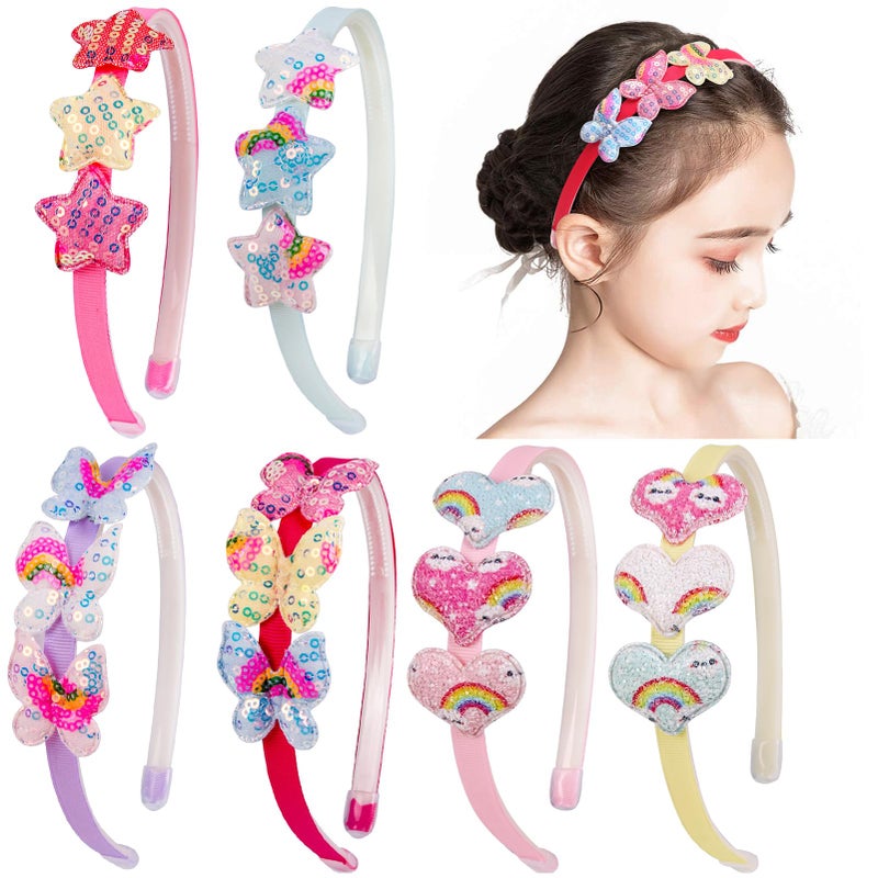 Fishdown Girls Headbands for Kids Glitter Toddler Girl Sequin Hairbands Glitter Heart Rainbow Butterfly Star Non-slip with Teeth (6 PCS) - Image 1